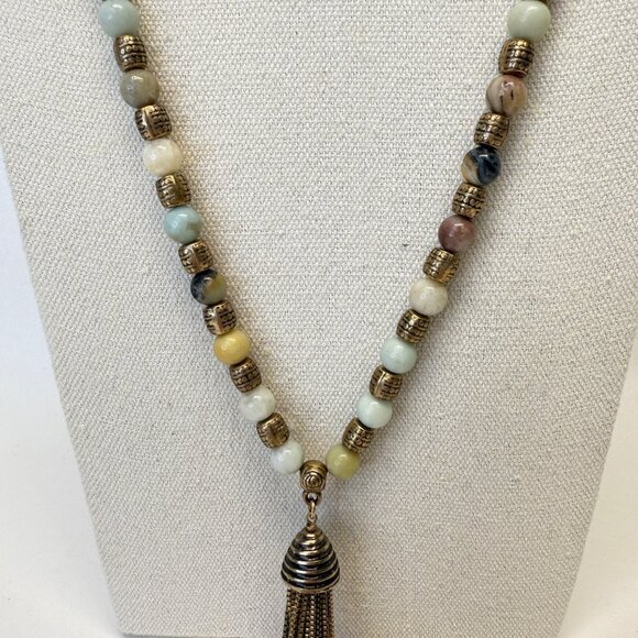 Tassel Pendant Necklace Stone Beads Brassy Gold Tone Long Length Adjustable - Picture 5 of 10